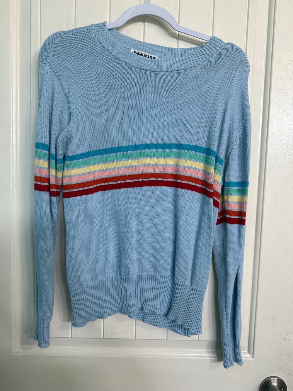 Wish Light Blue Crewneck Sweater with Rainbow Stripes
